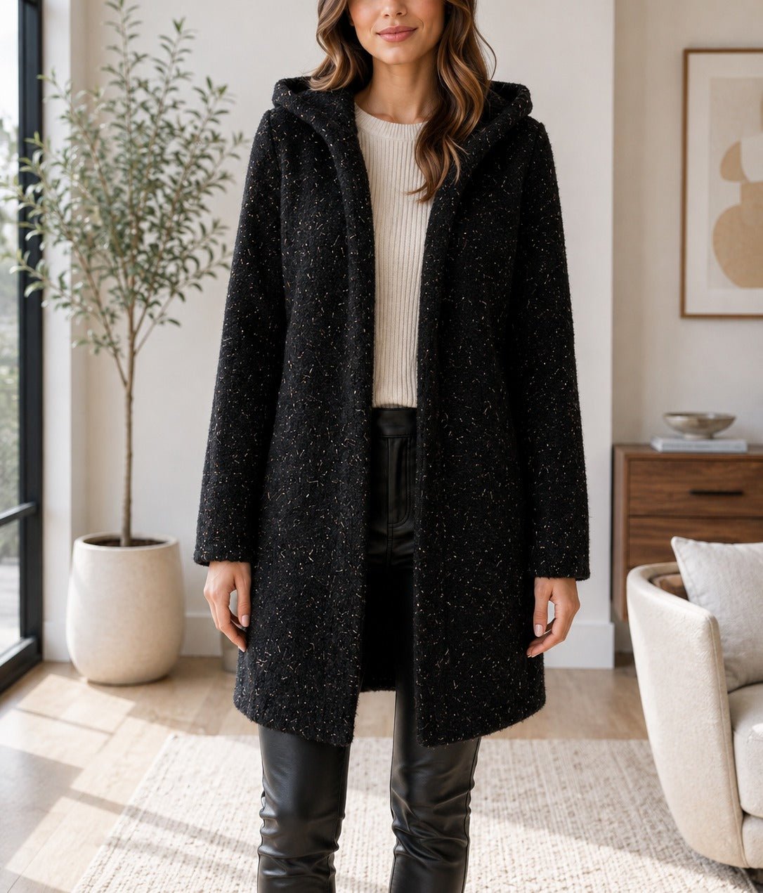 Ladies Black Curly Melton Hooded Coat - StylePhase SA