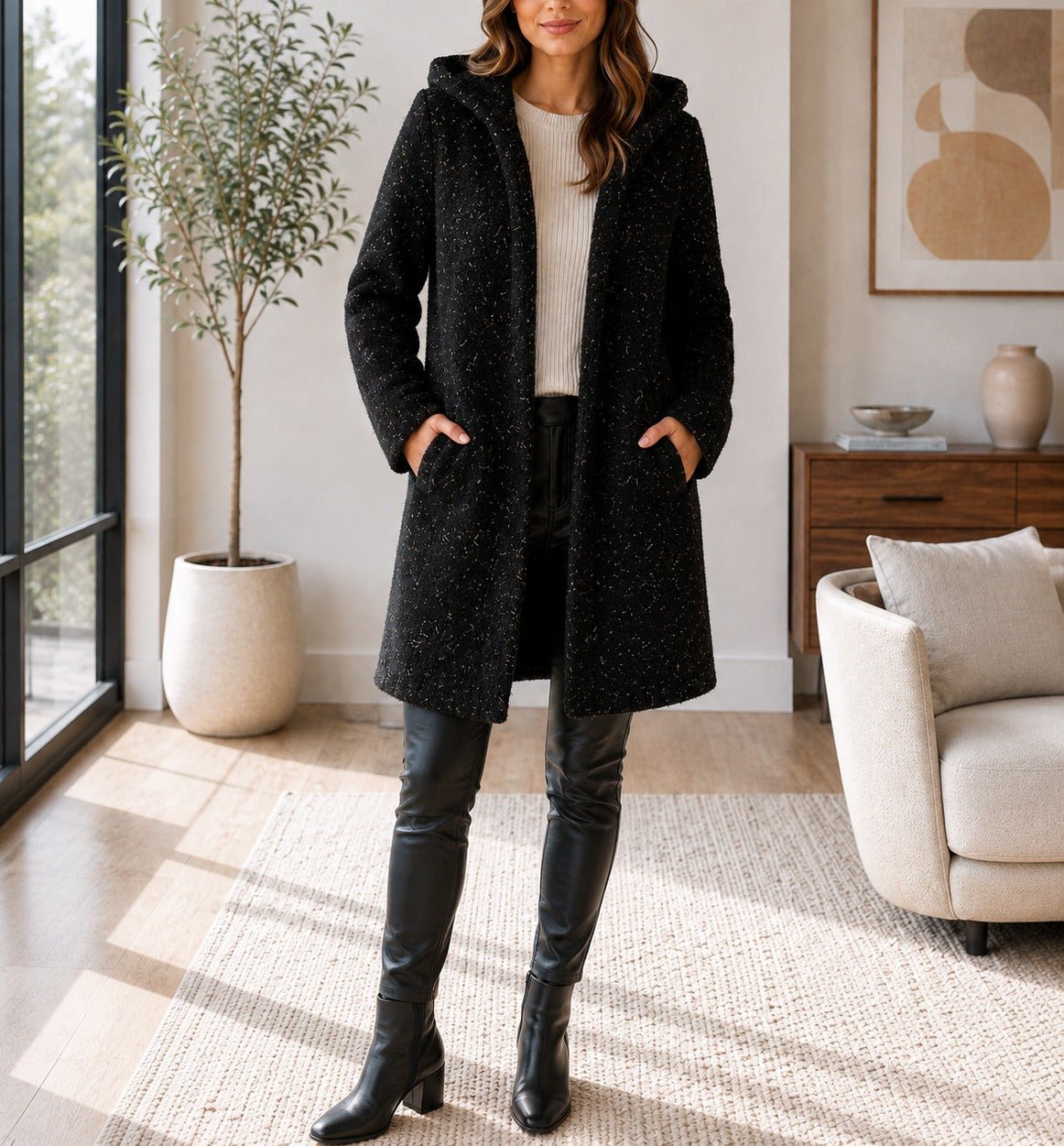 Ladies Black Curly Melton Hooded Coat - StylePhase SA