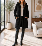 Ladies Black Curly Melton Hooded Coat - StylePhase SA
