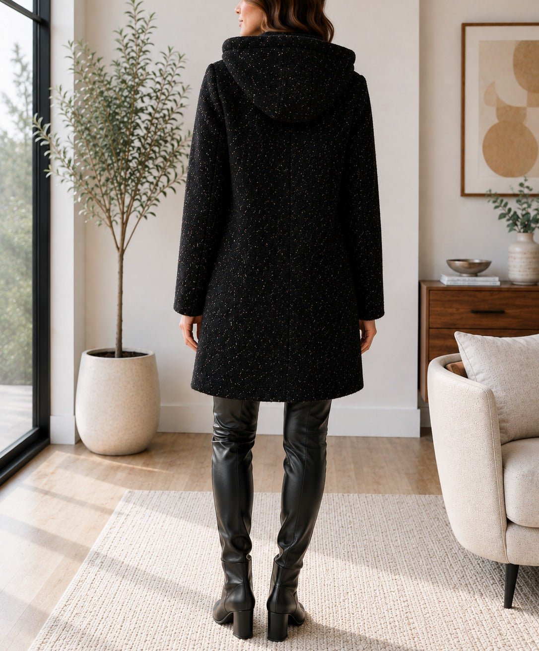 Ladies Black Curly Melton Hooded Coat - StylePhase SA