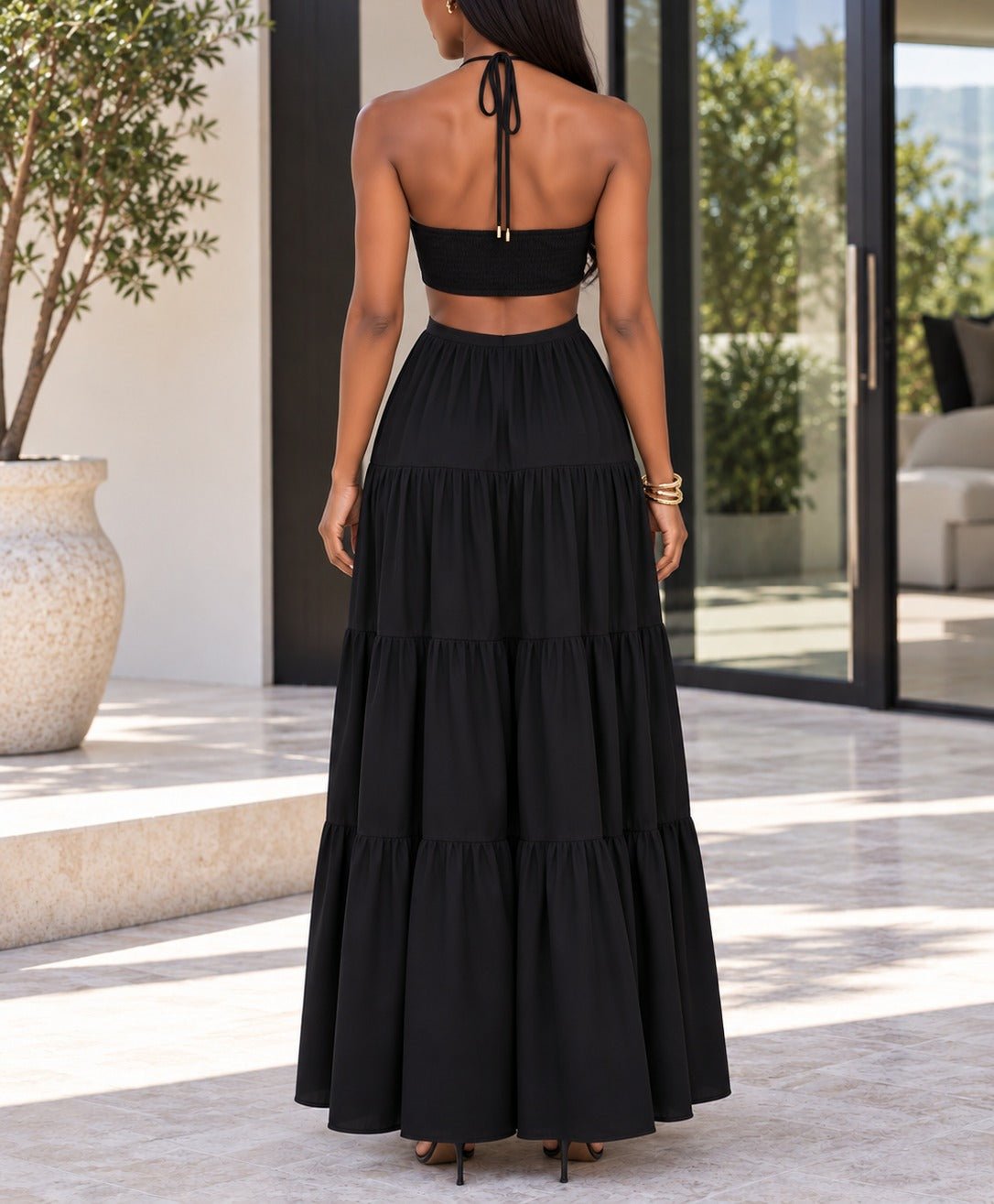 Ladies Black Cut Out Tie Front Tiered Maxi Dress - StylePhase SA