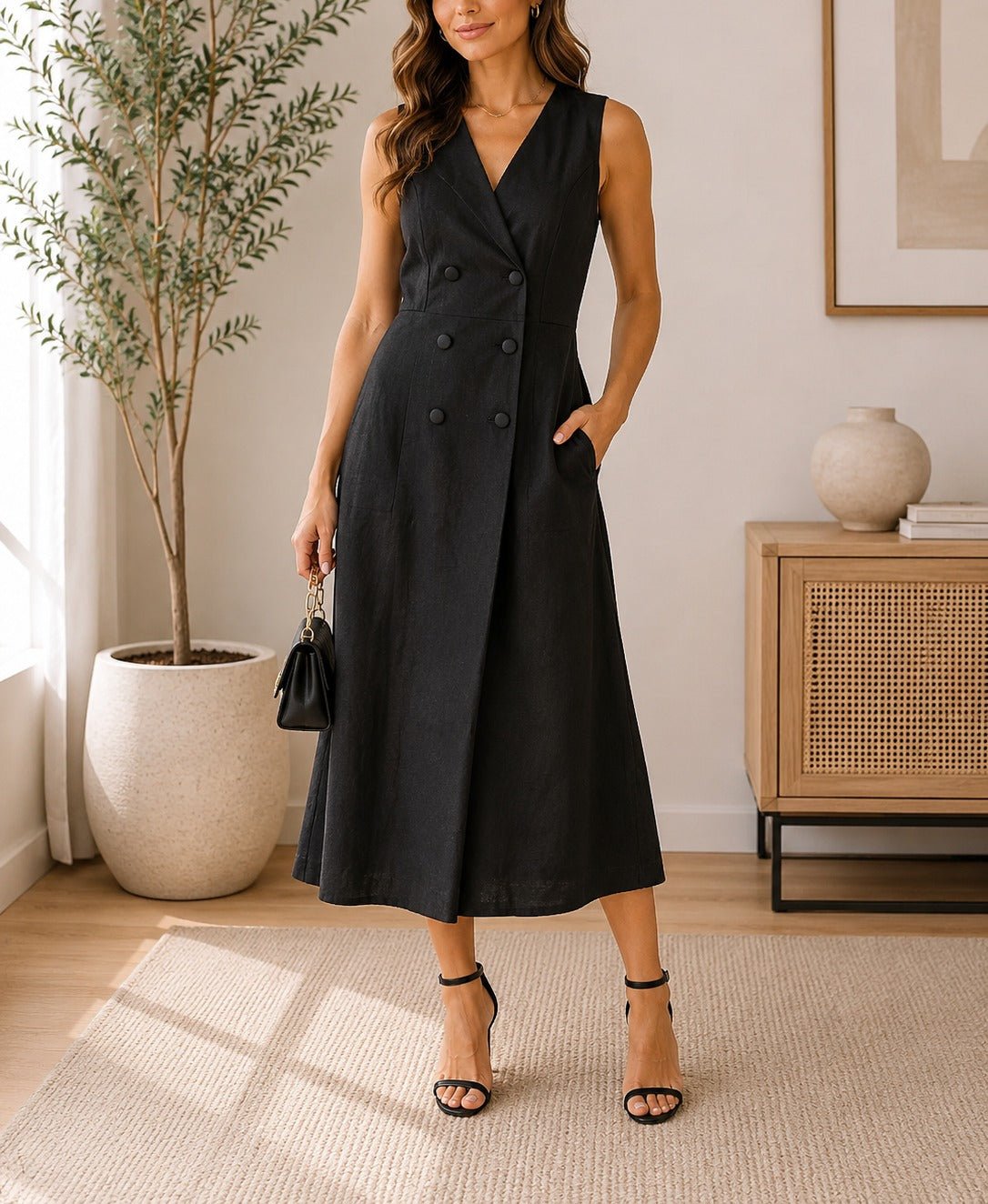 Ladies Black Double Breast Midi Dress - StylePhase SA