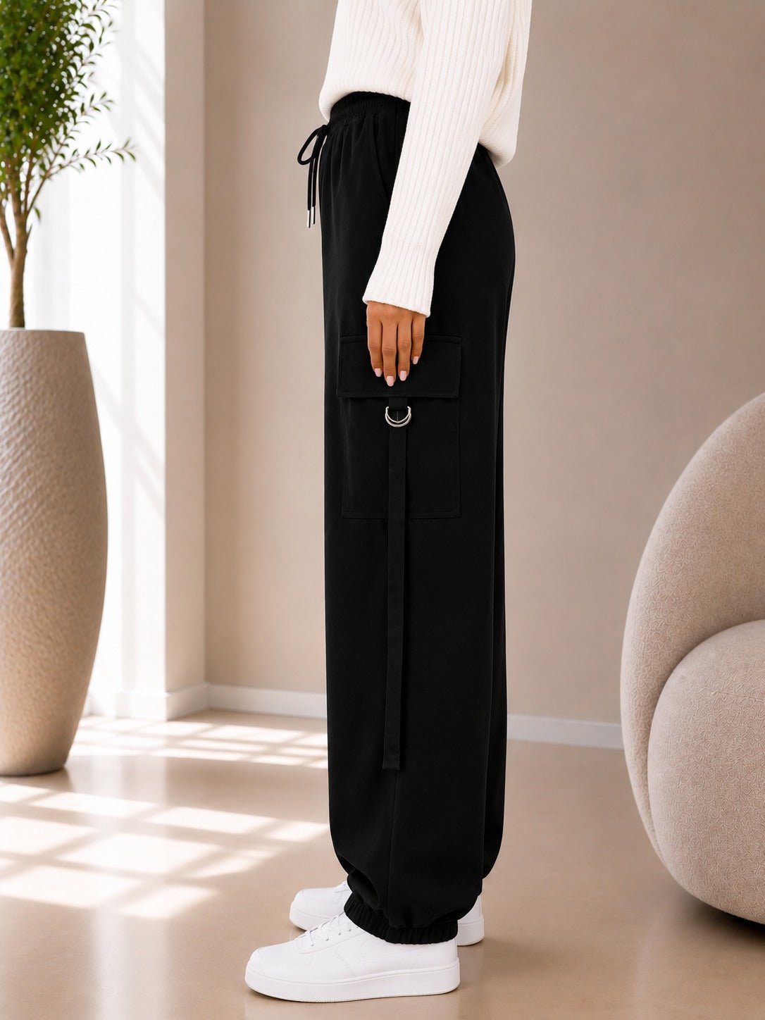 Ladies Black Drawstring Cargo Pants - StylePhase SA