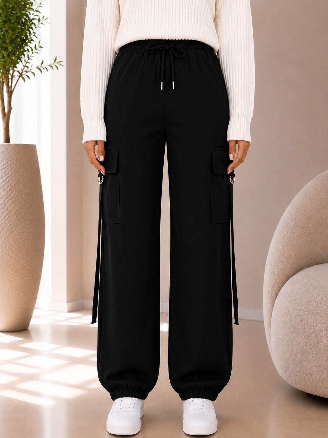 Ladies Black Drawstring Cargo Pants - StylePhase SA