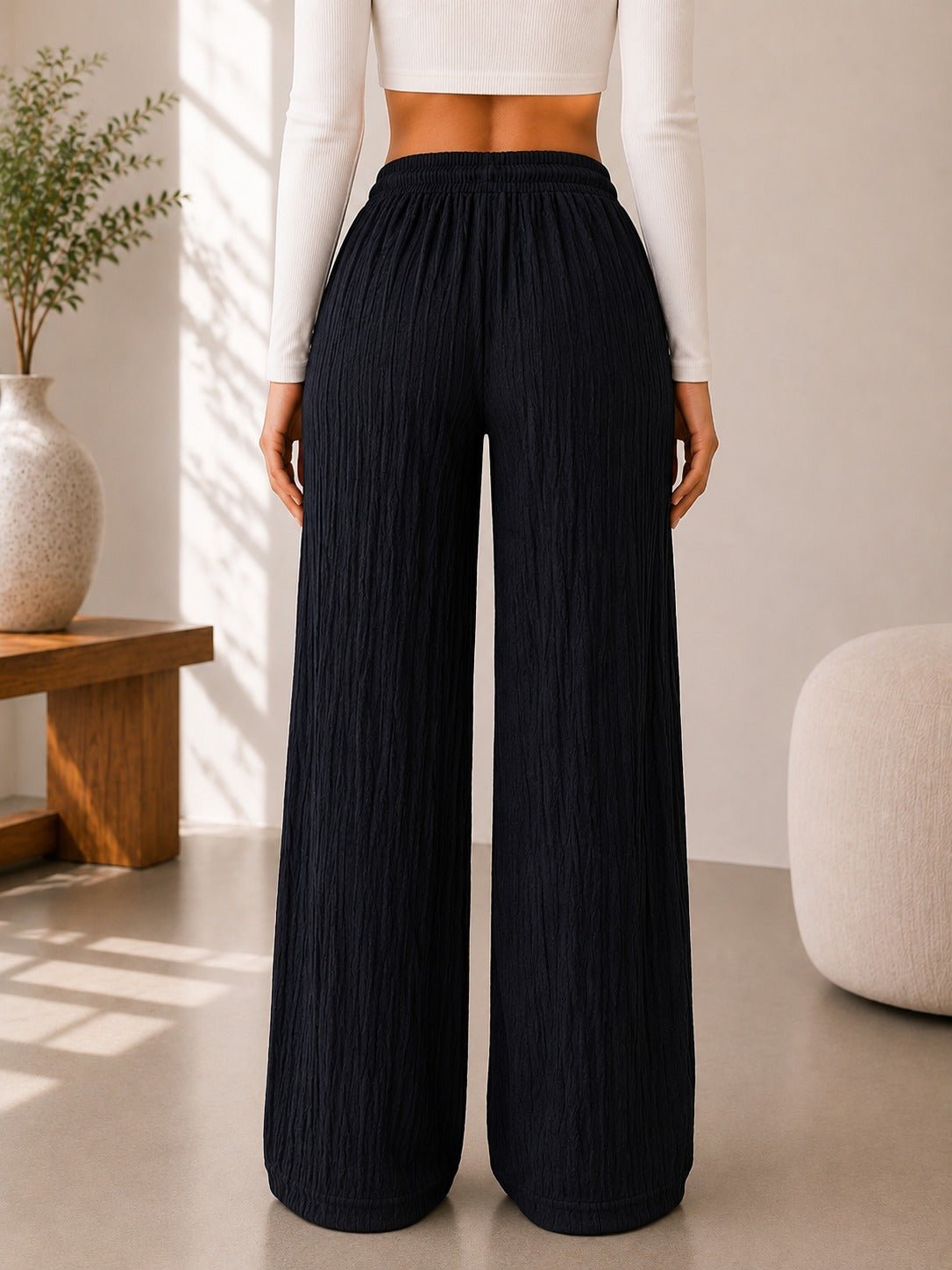 Ladies Black Drawstring Crinkle Wide Leg Pants - StylePhase SA