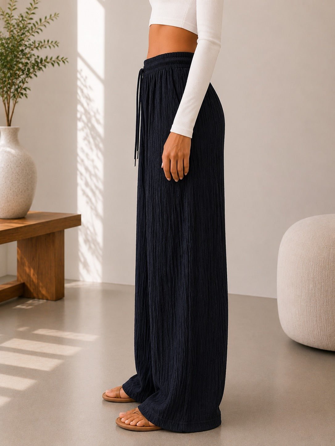Ladies Black Drawstring Crinkle Wide Leg Pants - StylePhase SA