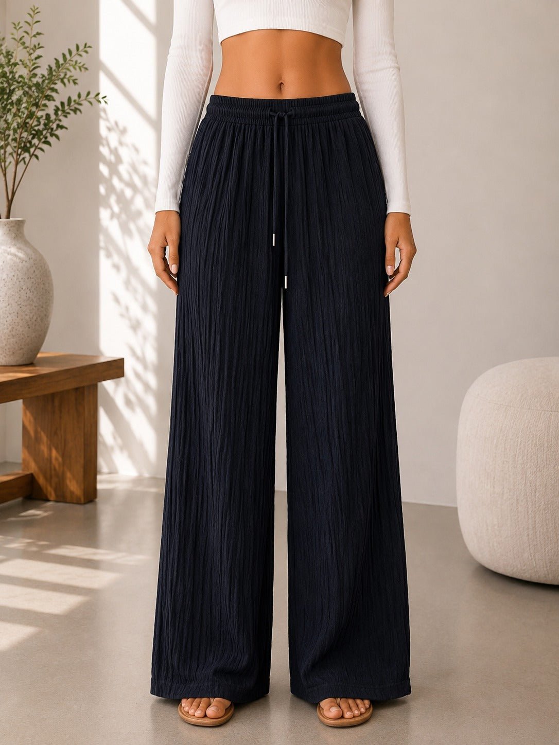 Ladies Black Drawstring Crinkle Wide Leg Pants - StylePhase SA