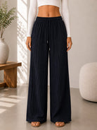 Ladies Black Drawstring Crinkle Wide Leg Pants - StylePhase SA