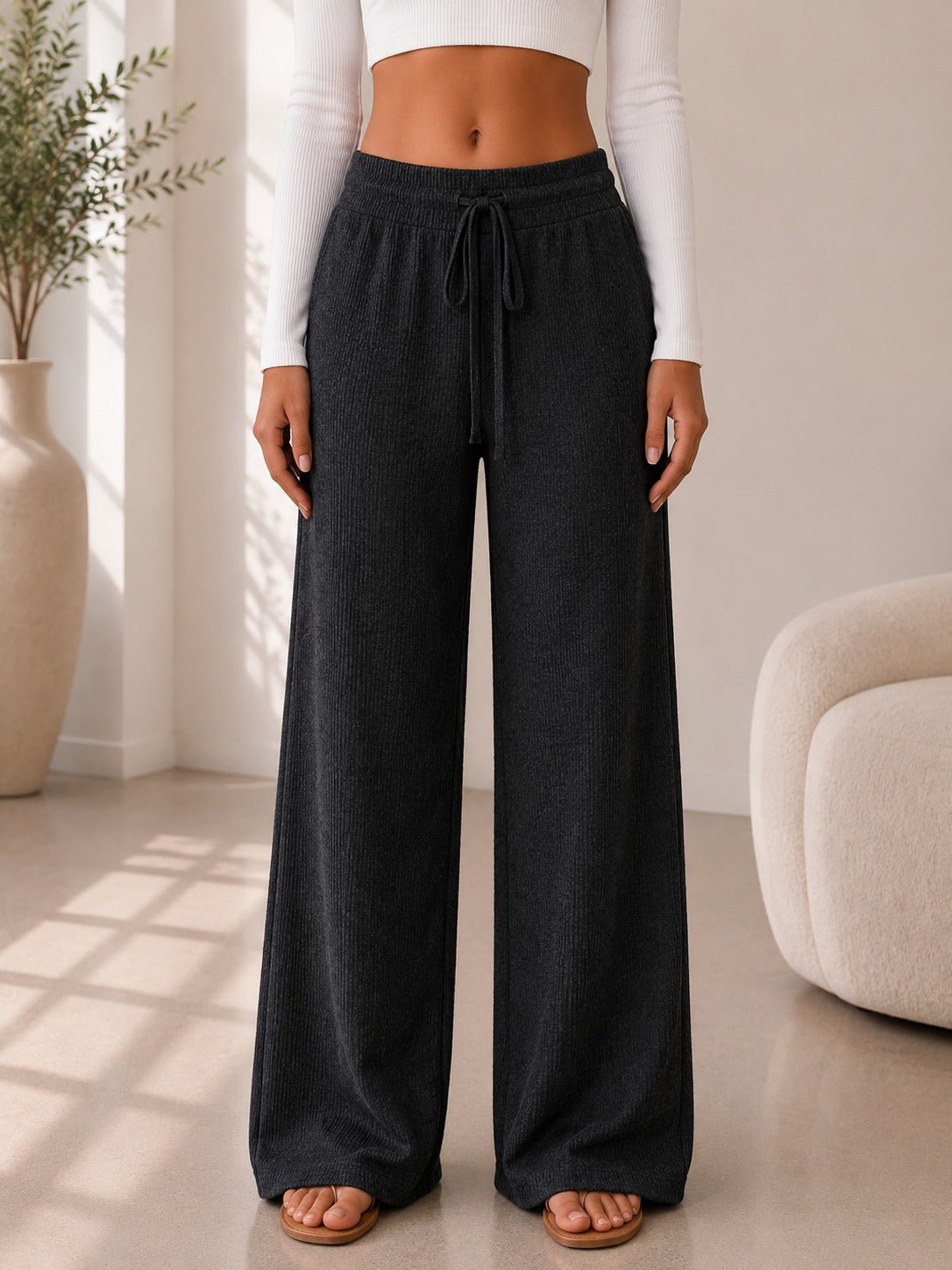 Ladies Black Drawstring Knitwear Pants - StylePhase SA