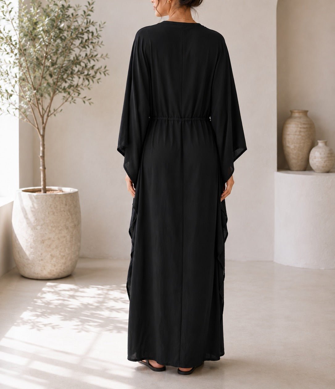 Ladies Black Drawstring V-Neck Kaftan - StylePhase SA