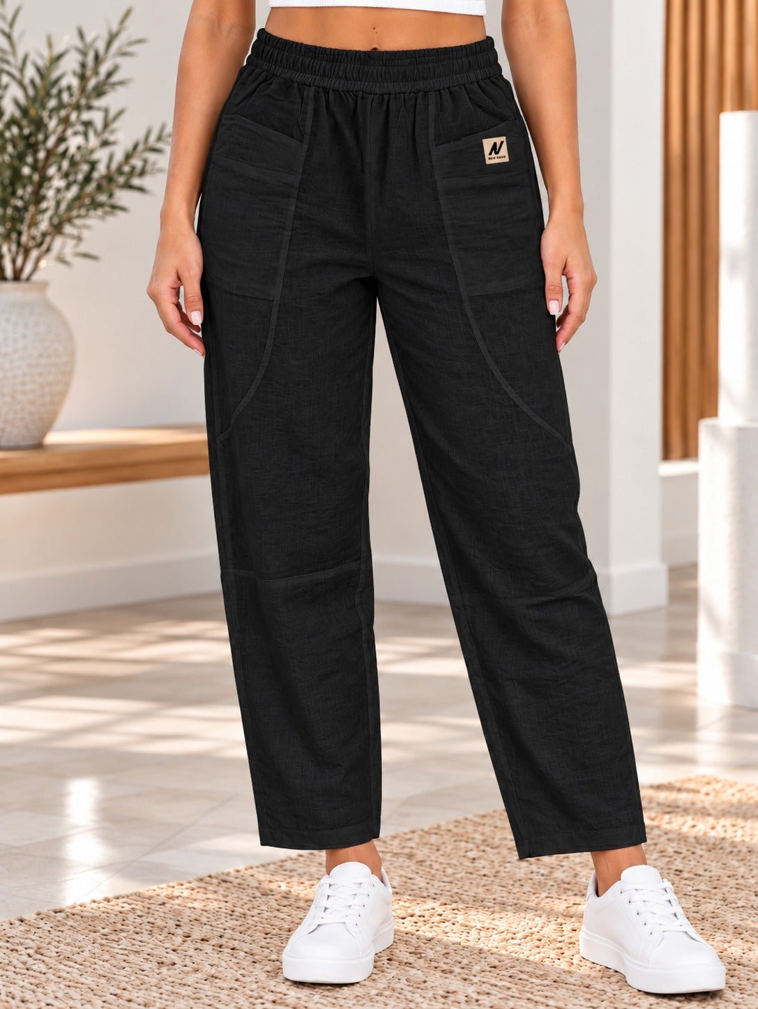 Ladies Black Elastic Waistband Front Pocket Pants - StylePhase SA