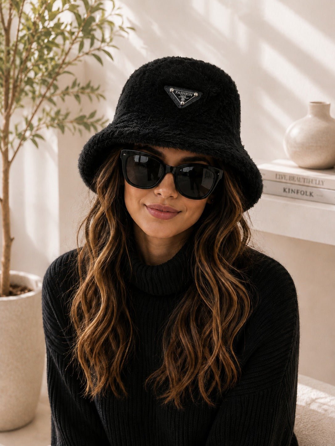 Ladies Black Faux Fur Bucket Hat - StylePhase SA