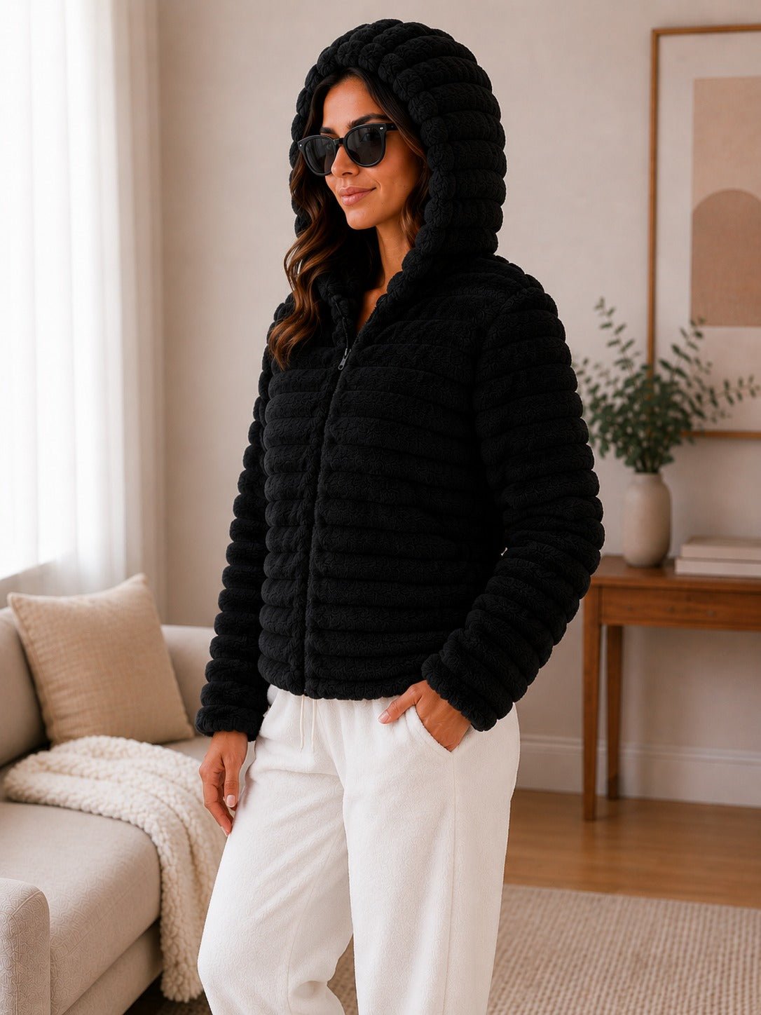 Ladies Black Faux Fur Hoody Zip Jacket - StylePhase SA