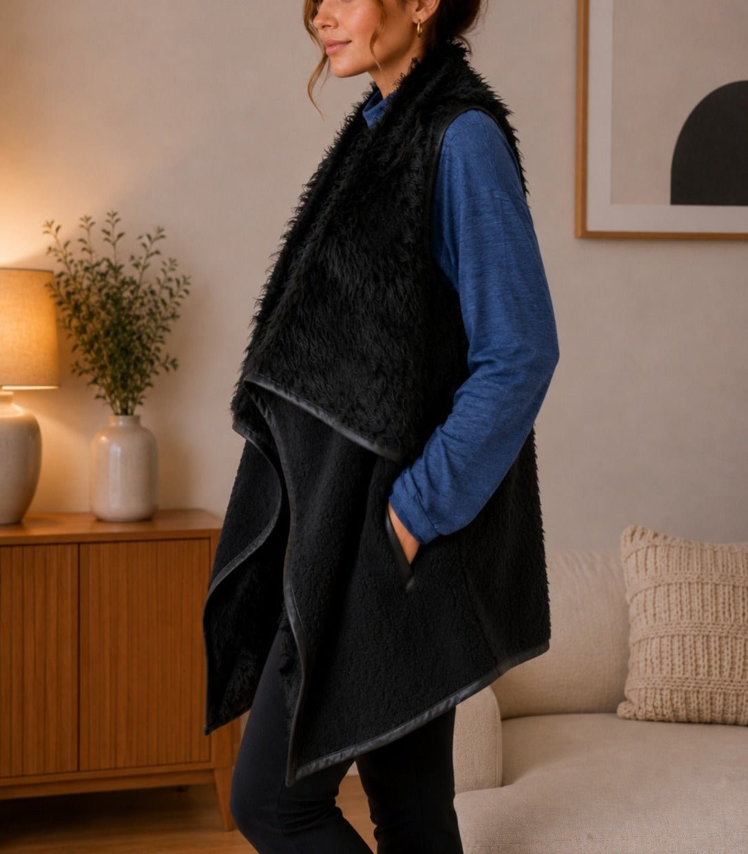Ladies Black Faux Fur open jacket - StylePhase SA