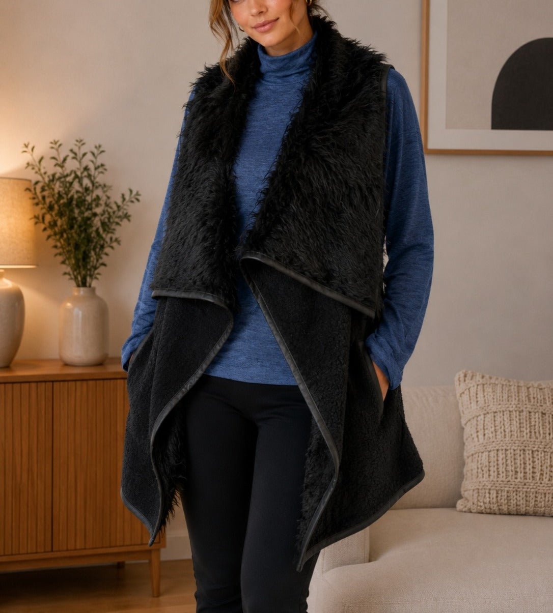 Ladies Black Faux Fur open jacket - StylePhase SA