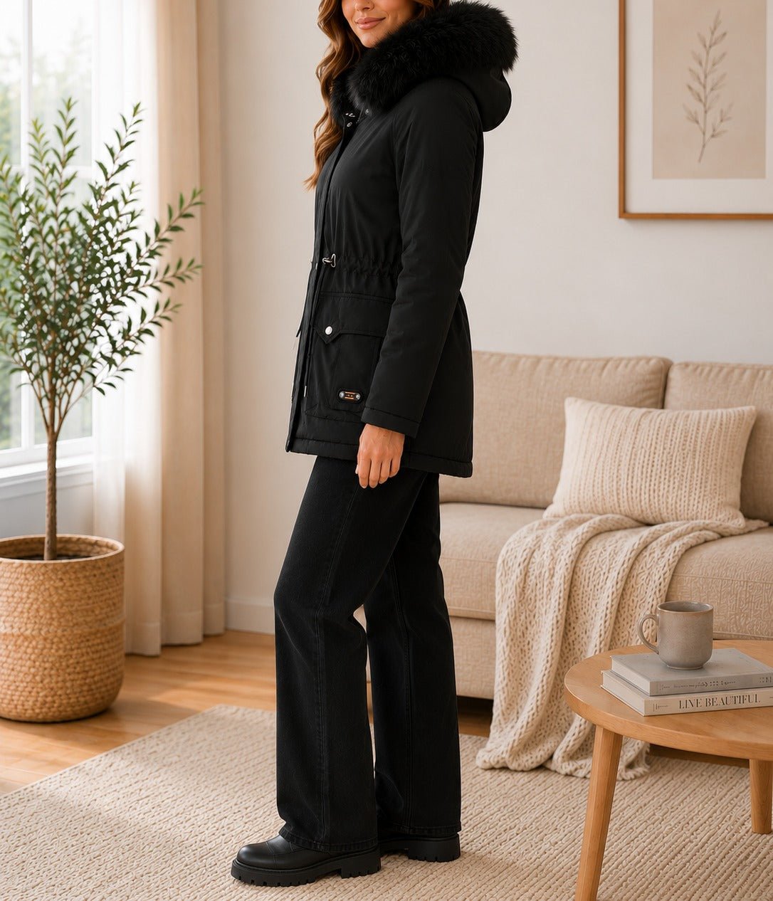 Ladies Black Faux Fur Trim Hoody Jacket - StylePhase SA