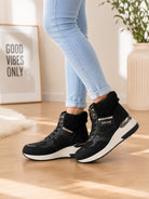 Ladies Black Faux Fur Trim Wedge Sneaker Boots - StylePhase SA