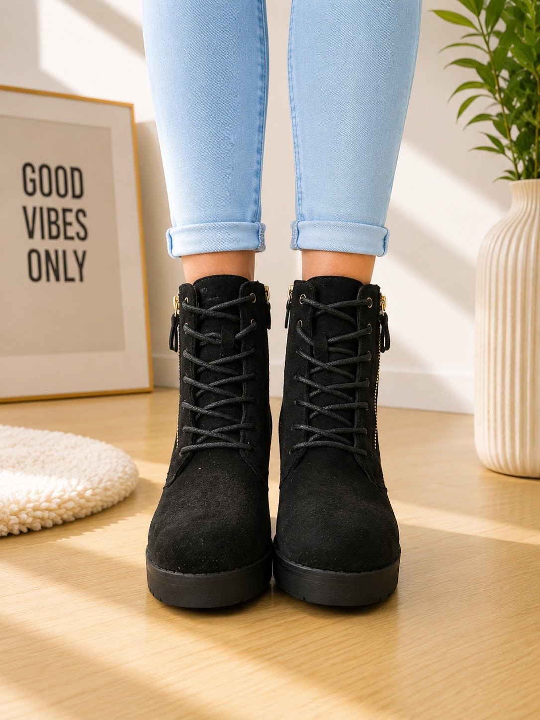 Ladies Black Faux Suede Lace-Up Block Heel Ankle Boots - StylePhase SA