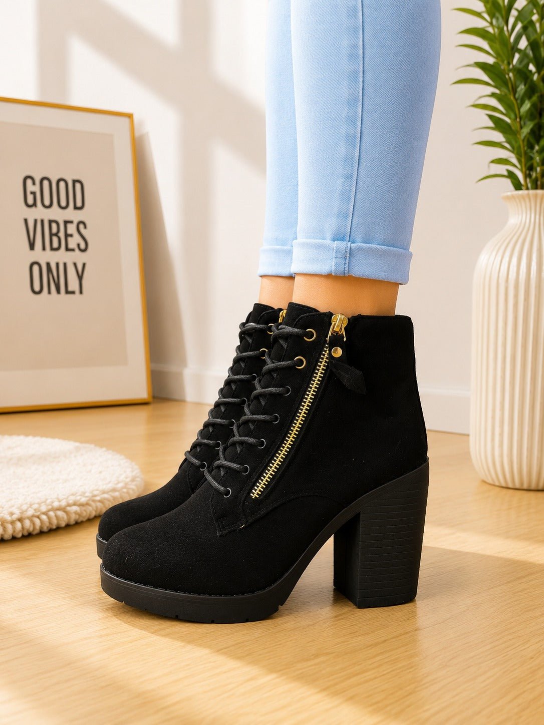 Ladies Black Faux Suede Lace-Up Block Heel Ankle Boots - StylePhase SA