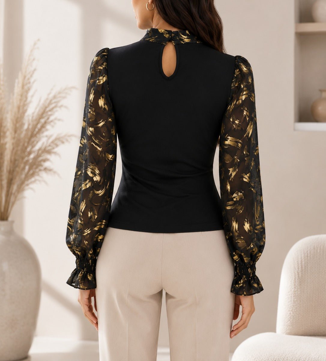 Ladies Black Floral Bow Neck Long Sleeve Top - StylePhase SA
