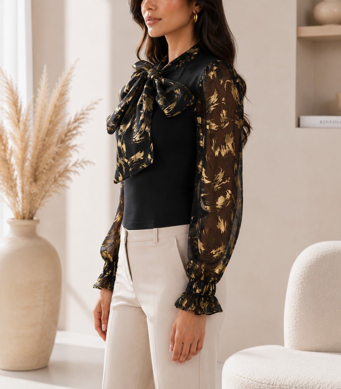 Ladies Black Floral Bow Neck Long Sleeve Top - StylePhase SA