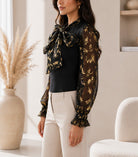 Ladies Black Floral Bow Neck Long Sleeve Top - StylePhase SA