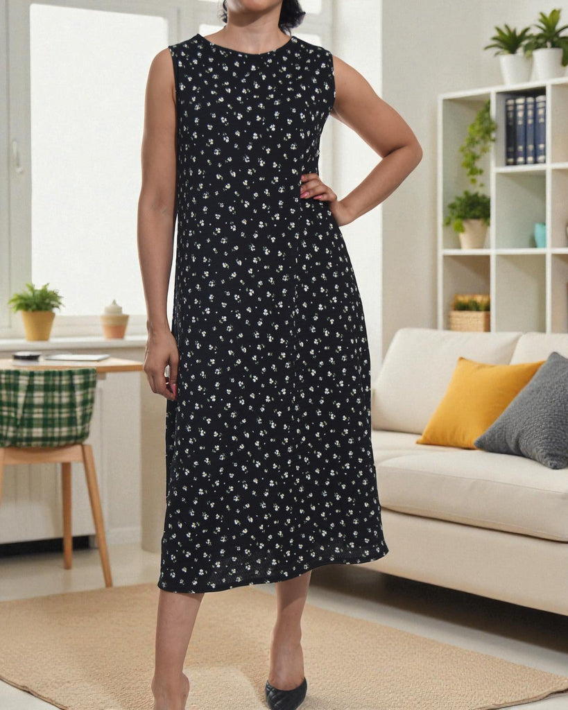 Ladies Black Floral Crinkle Sleeveless Dress - StylePhase SA