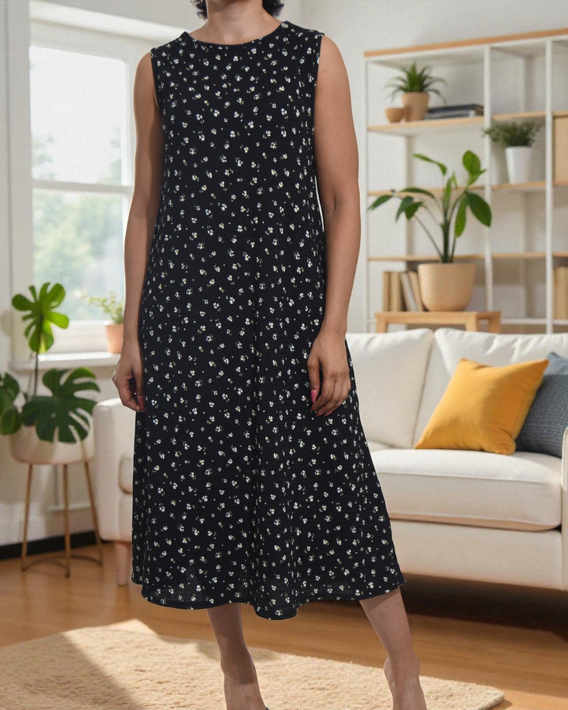 Ladies Black Floral Crinkle Sleeveless Dress - StylePhase SA