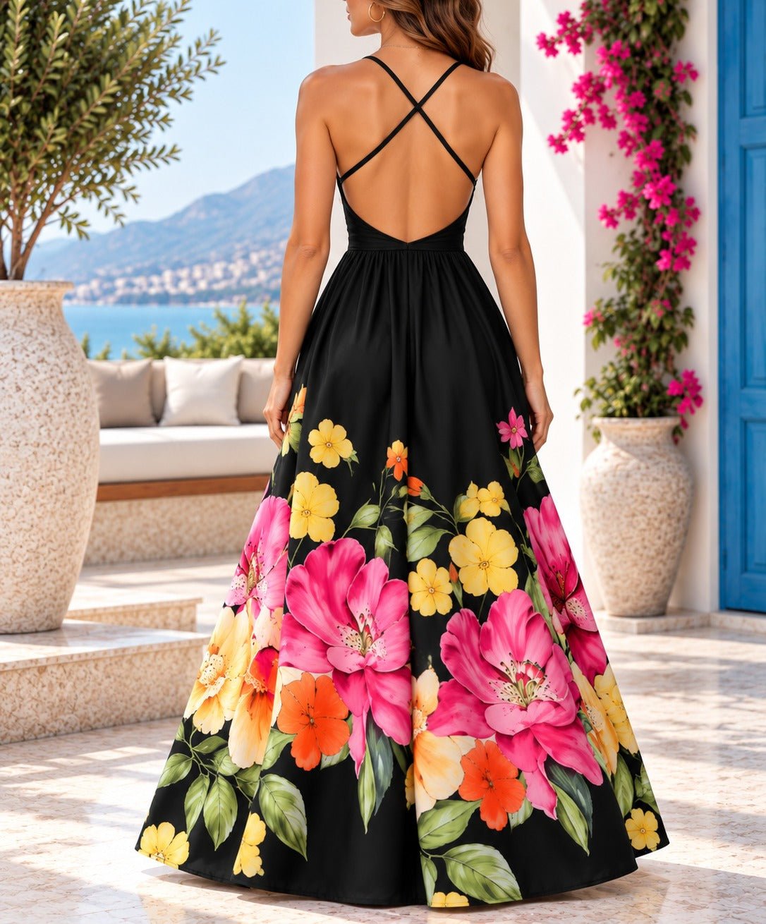 Ladies Black Floral Deep V-Neck Maxi Dress - StylePhase SA