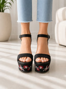 Ladies Black Floral Lawren Platform Block Heel Sandals - StylePhase SA