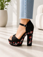 Ladies Black Floral Lawren Platform Block Heel Sandals - StylePhase SA