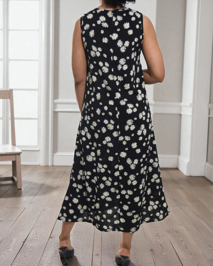 Ladies Black Floral Midi Sleeveless Dress - StylePhase SA