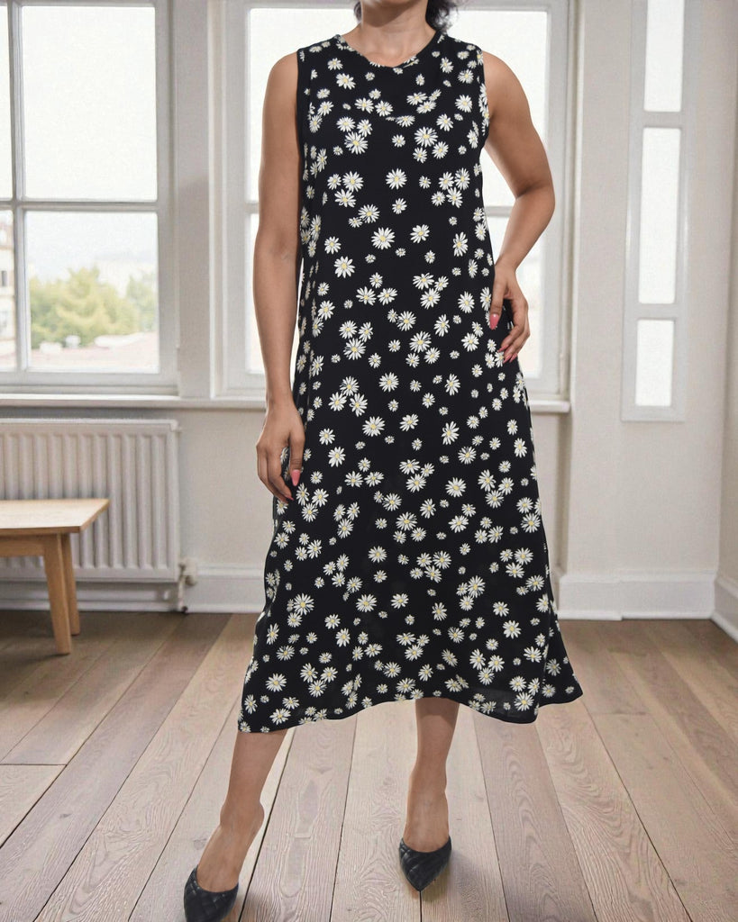 Ladies Black Floral Midi Sleeveless Dress - StylePhase SA