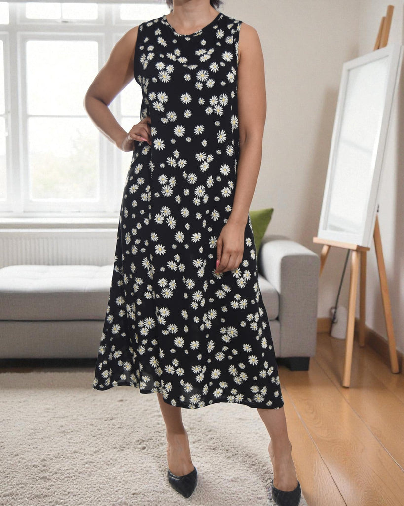 Ladies Black Floral Midi Sleeveless Dress - StylePhase SA