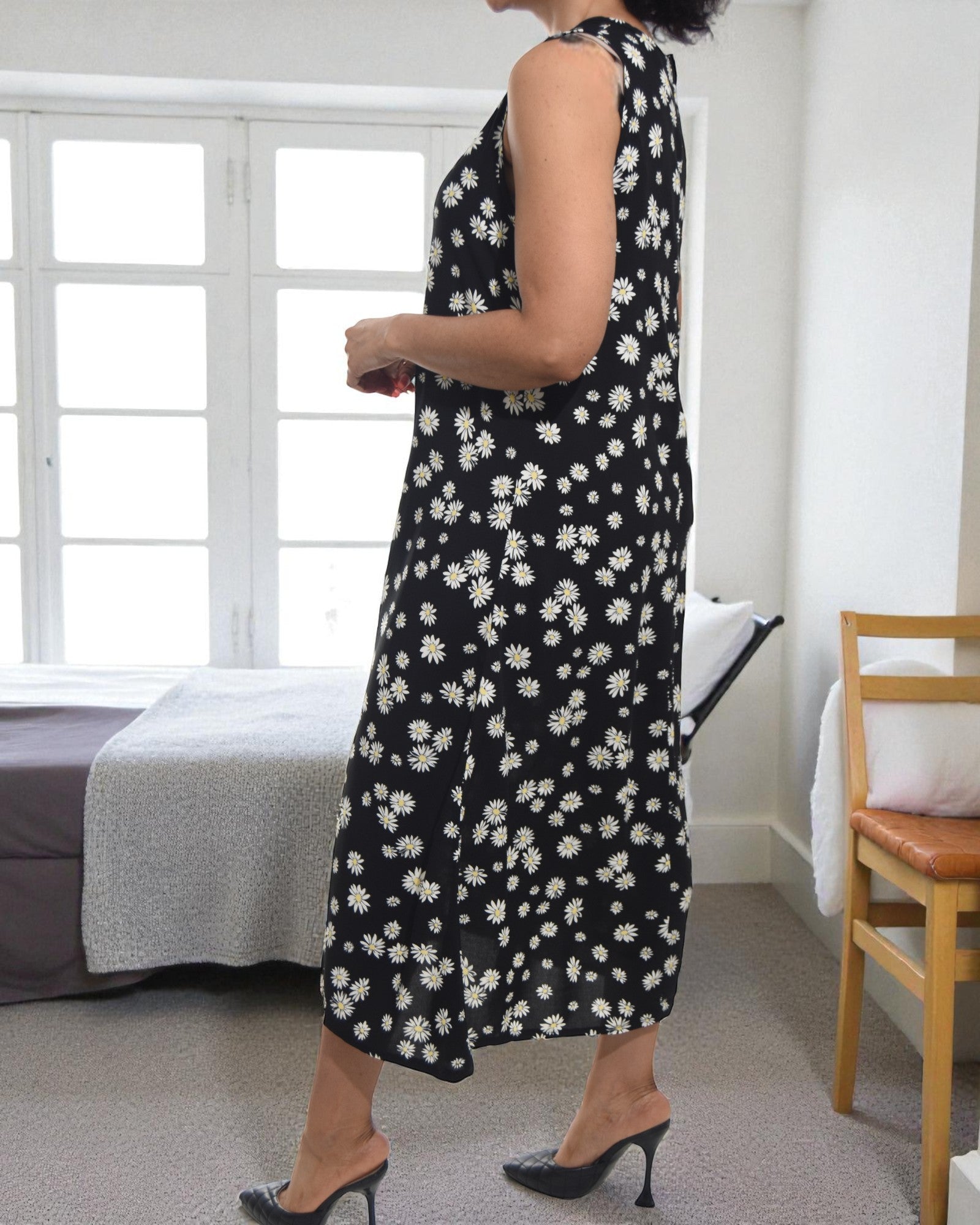 Ladies Black Floral Midi Sleeveless Dress - StylePhase SA