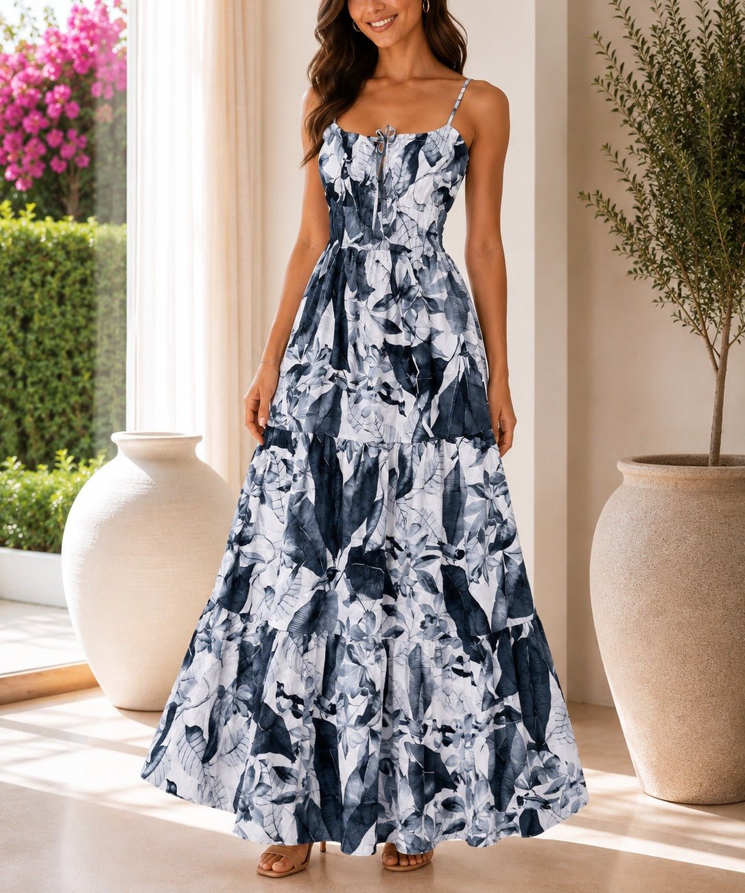 Ladies Black Floral Print Tie Front Maxi Dress - StylePhase SA