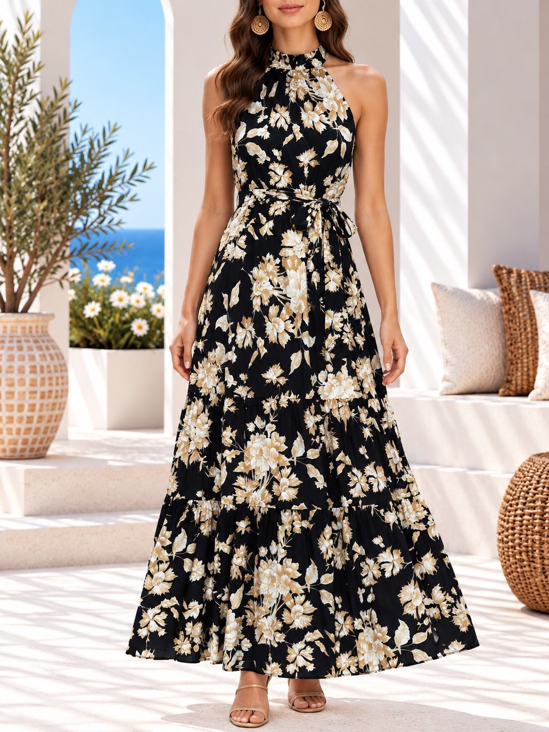 Ladies Black Floral Print Tie-Waist Maxi Dress - StylePhase SA
