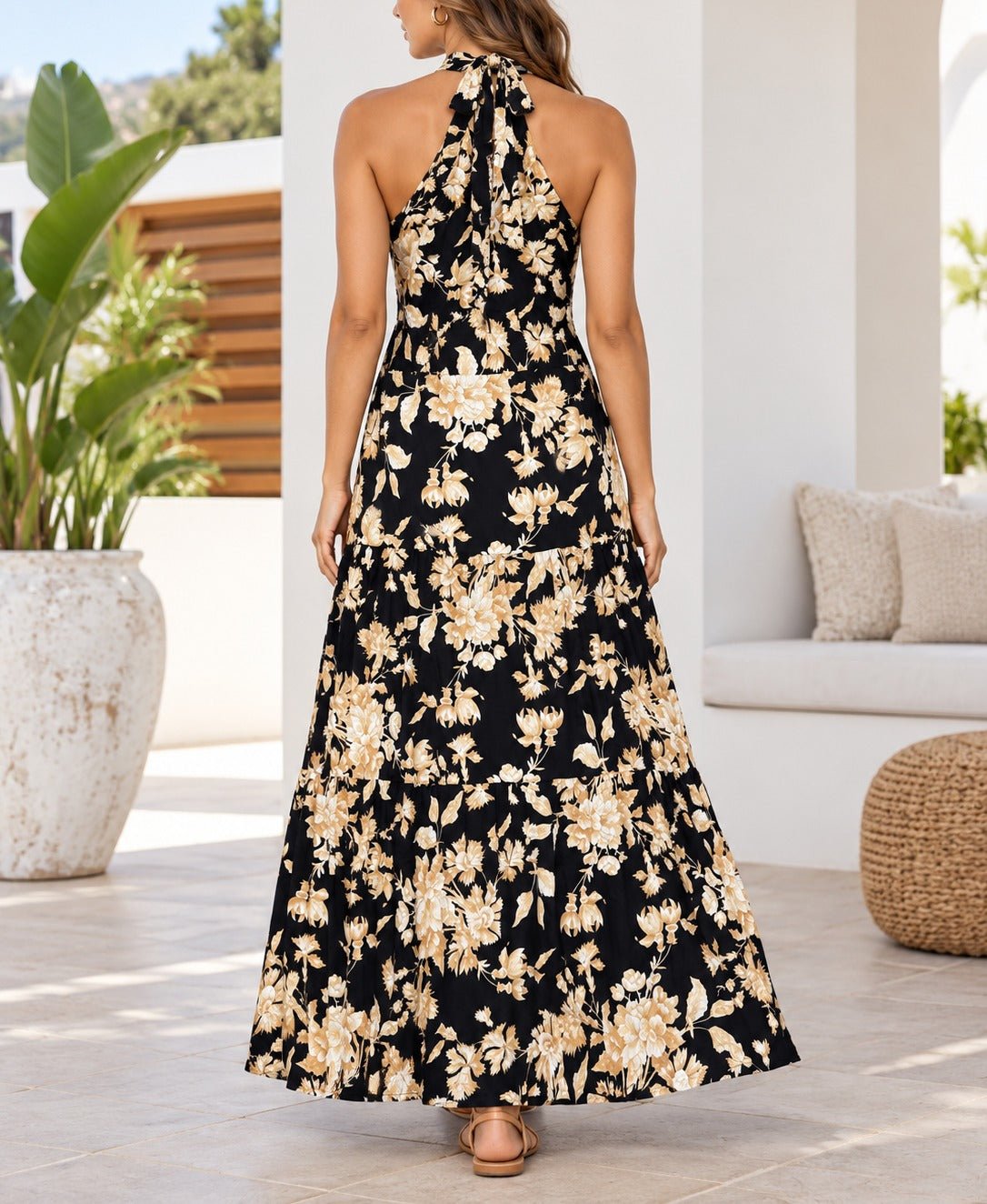 Ladies Black Floral Print Tie-Waist Maxi Dress - StylePhase SA