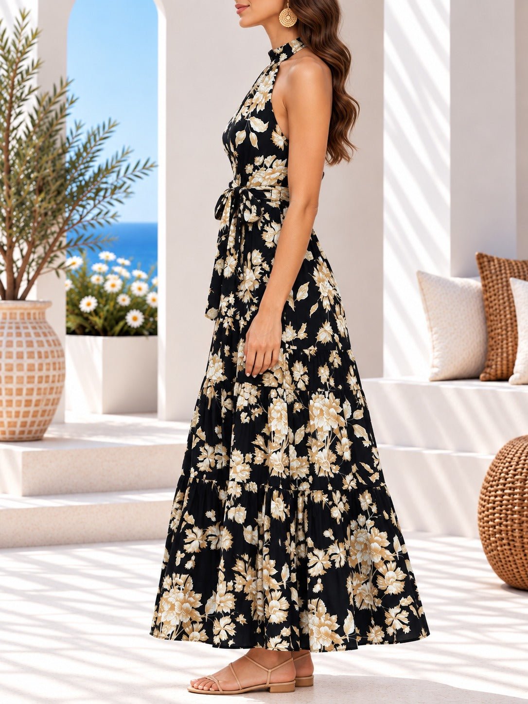 Ladies Black Floral Print Tie-Waist Maxi Dress - StylePhase SA