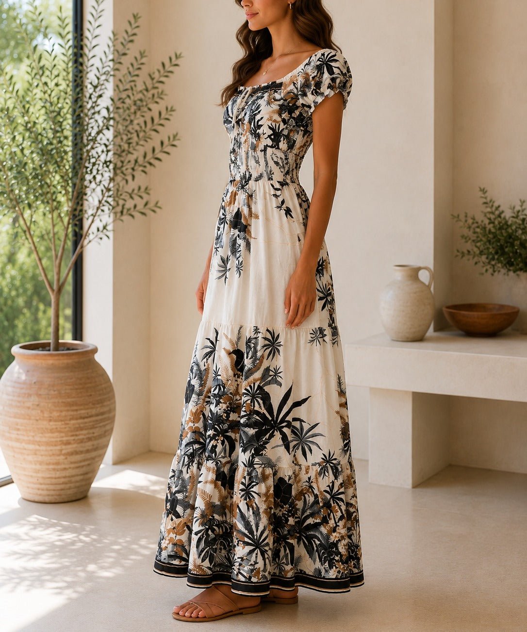 Ladies Black Floral Smoked Waist Maxi Dress - StylePhase SA