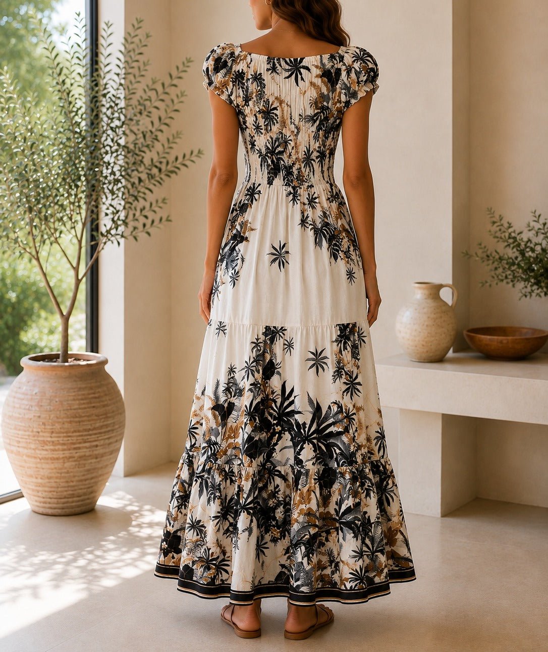 Ladies Black Floral Smoked Waist Maxi Dress - StylePhase SA