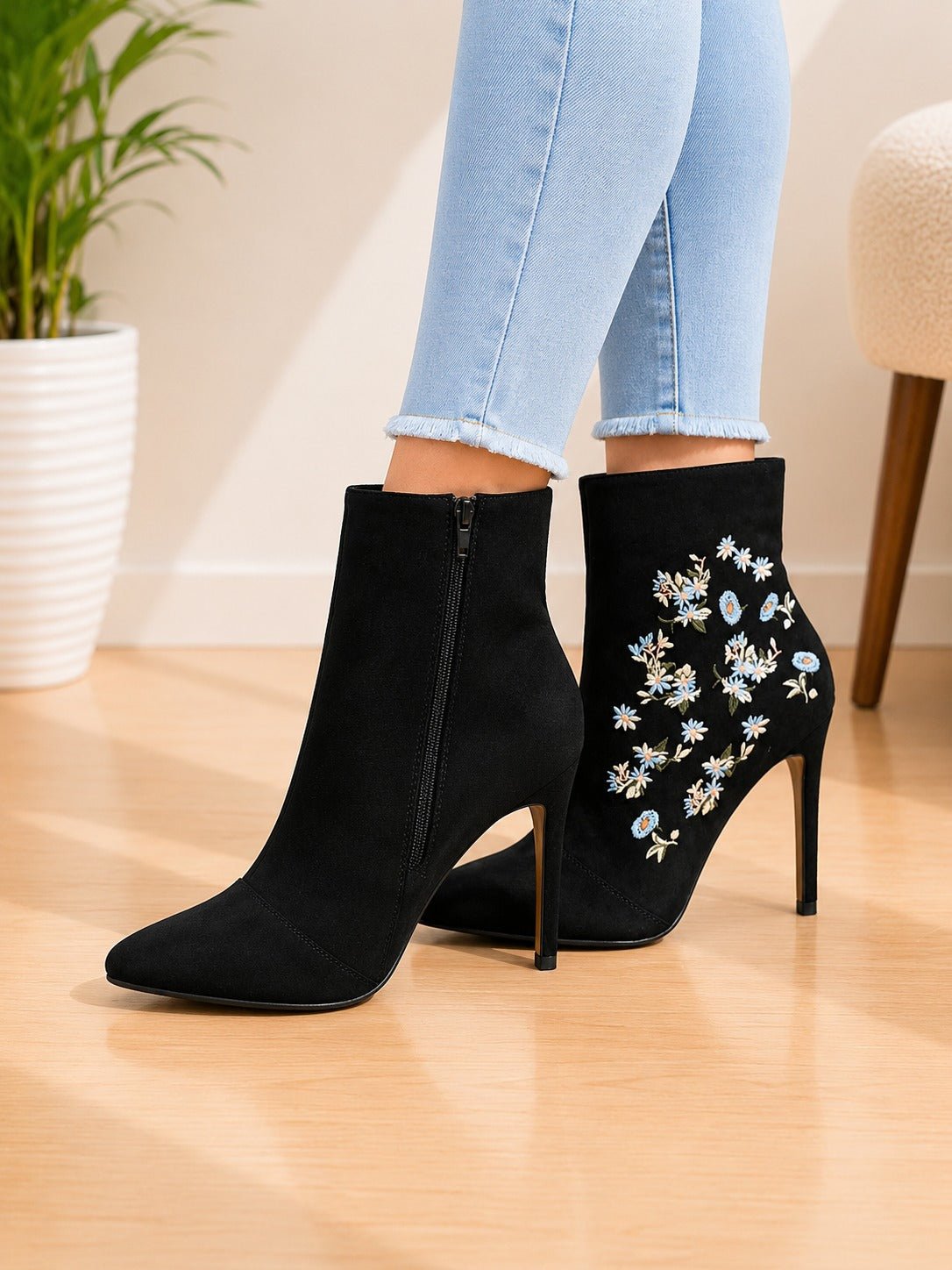 Ladies Black Floral Stiletto Ankle Boot - StylePhase SA