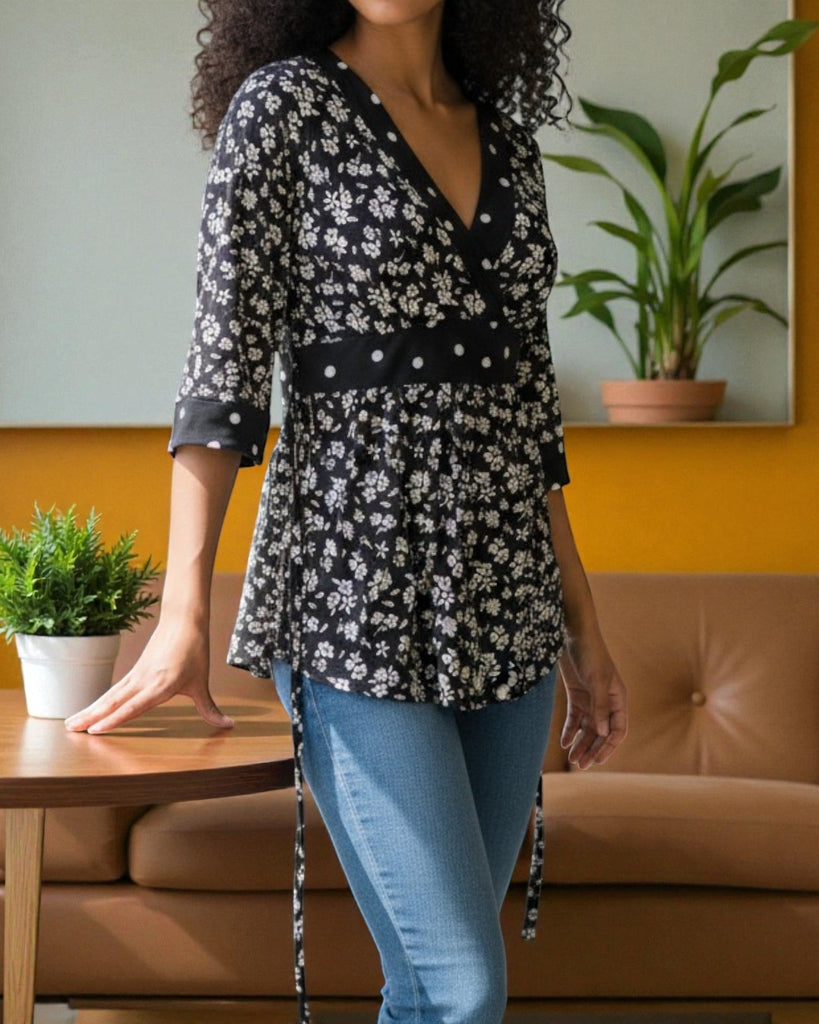 Ladies Black Floral Tie Back Top - StylePhase SA