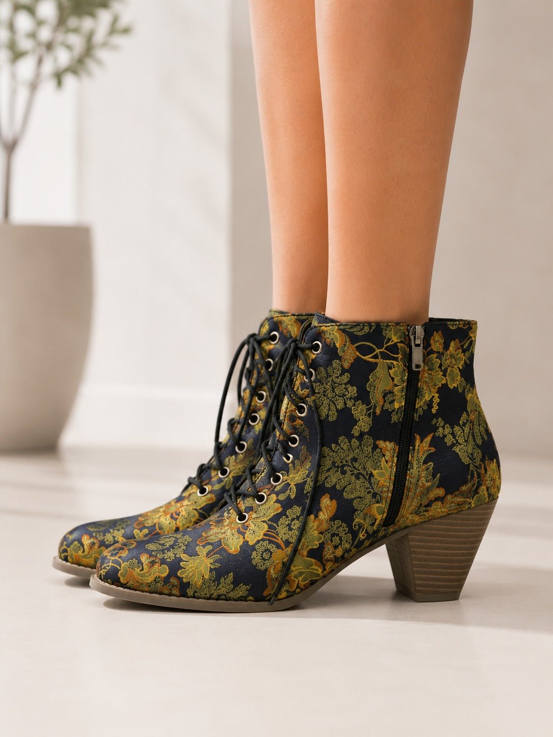 Ladies Black Floral Tie Heel Boots - StylePhase SA