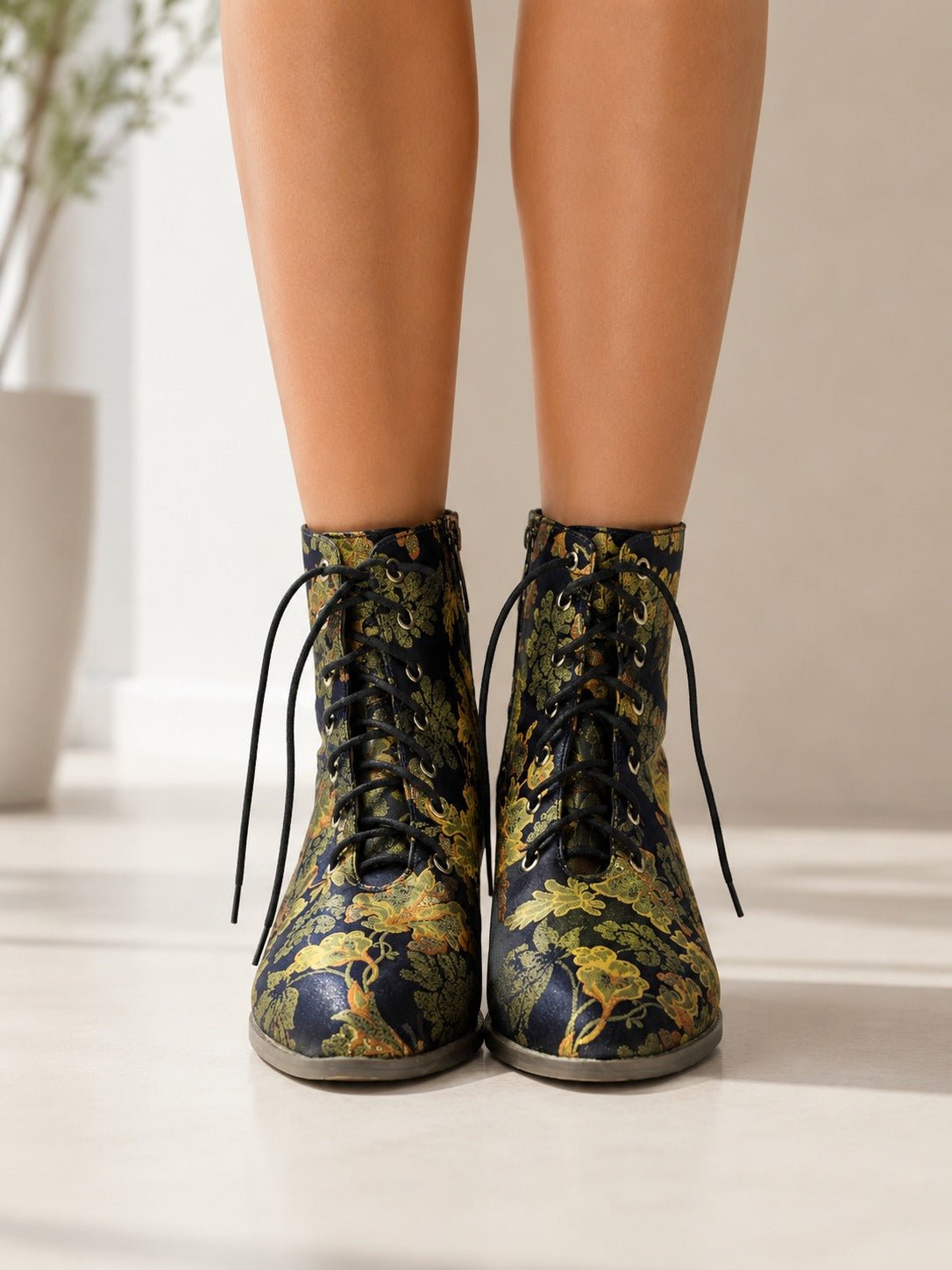 Ladies Black Floral Tie Heel Boots - StylePhase SA
