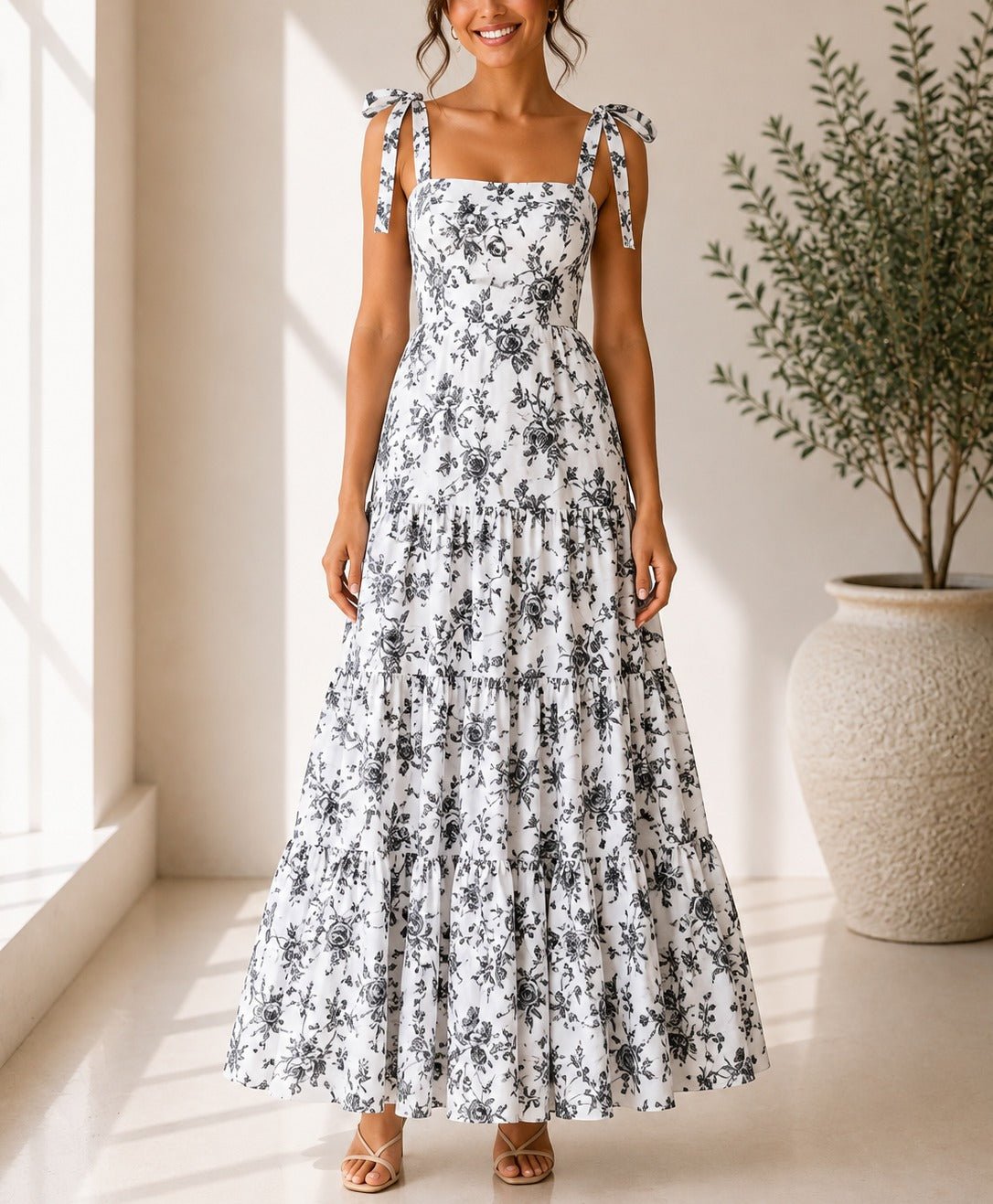 Ladies Black Floral Tie Shoulder Dress - StylePhase SA