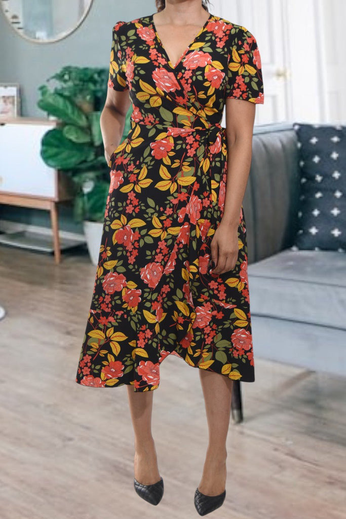 Ladies Black Flower Wrap Dress - StylePhase SA