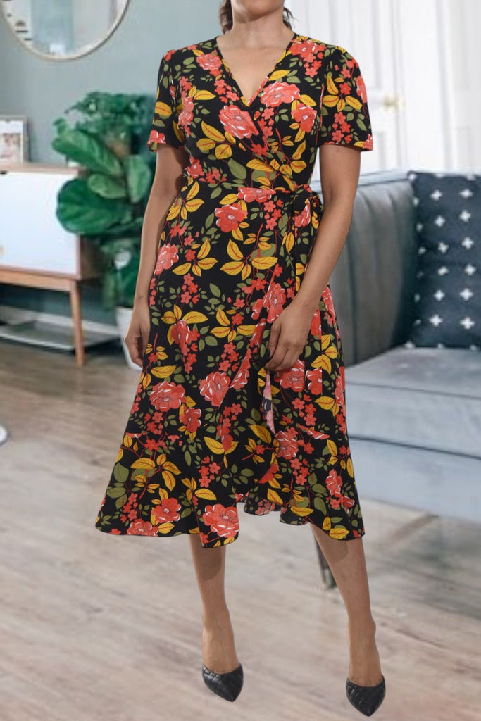 Ladies Black Flower Wrap Dress - StylePhase SA