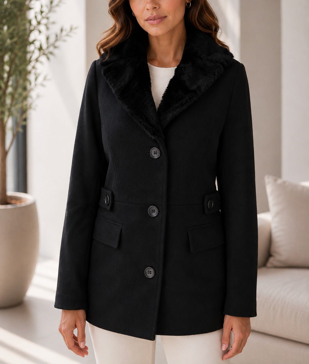 Ladies Black Fur Button Blazer - StylePhase SA