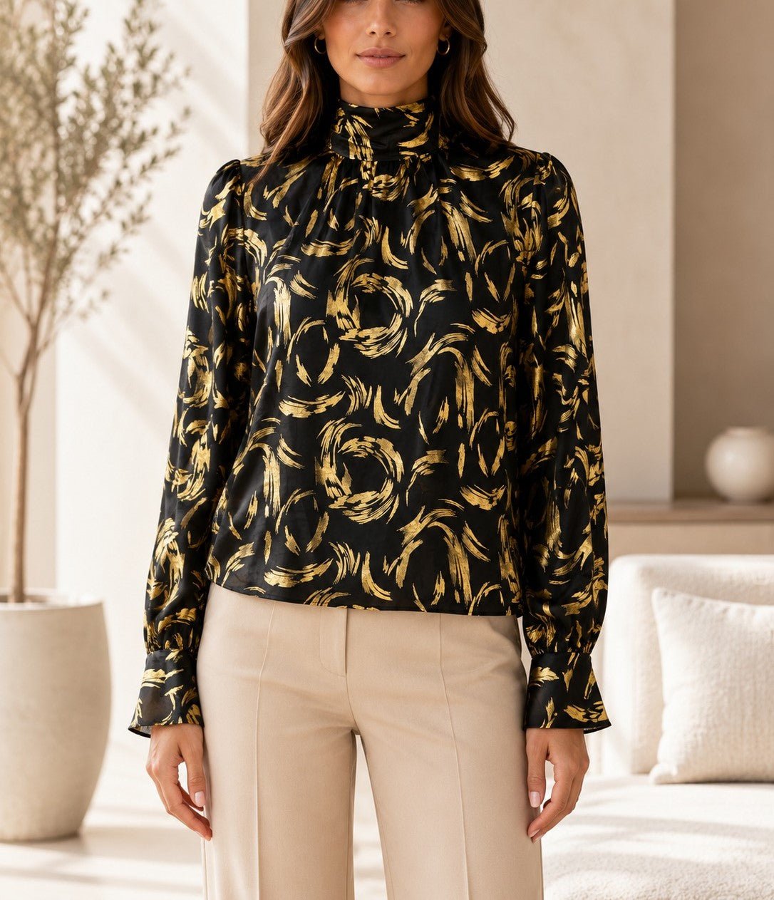 Ladies Black & Gold High Neck Printed Long Sleeve Blouse - StylePhase SA